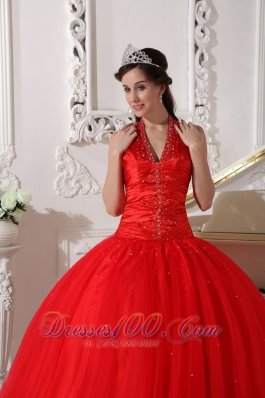 Red Halter Quinceanera Dress Tulle Beading Ball Gown