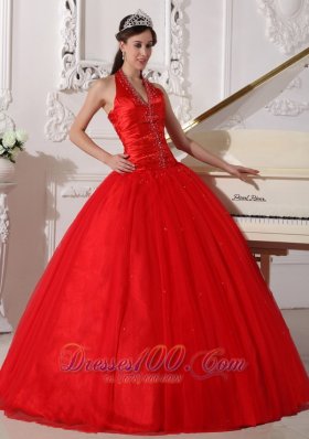 Red Halter Quinceanera Dress Tulle Beading Ball Gown