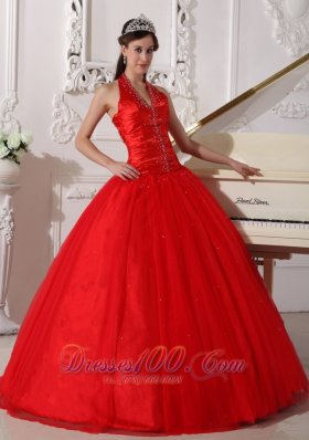 Red Halter Quinceanera Dress Tulle Beading Ball Gown