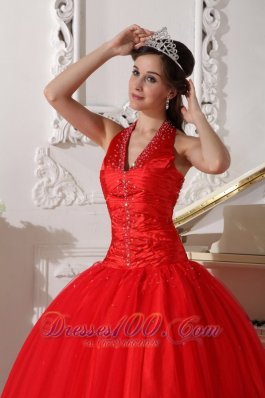 Red Halter Quinceanera Dress Tulle Beading Ball Gown