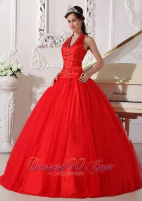 Red Halter Quinceanera Dress Tulle Beading Ball Gown