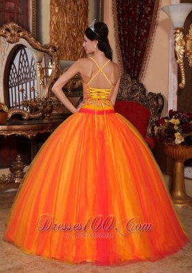 Beaded Tulle V-neck Orange Red Quinceanera Dress