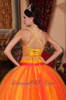 Beaded Tulle V-neck Orange Red Quinceanera Dress