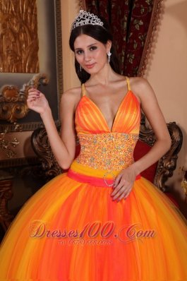 Beaded Tulle V-neck Orange Red Quinceanera Dress