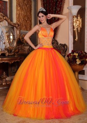 Beaded Tulle V-neck Orange Red Quinceanera Dress