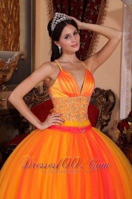 Beaded Tulle V-neck Orange Red Quinceanera Dress