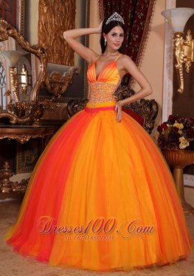 Beaded Tulle V-neck Orange Red Quinceanera Dress