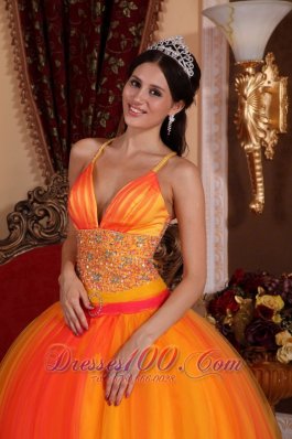 Beaded Tulle V-neck Orange Red Quinceanera Dress