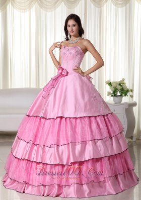 Hand Flowers Rose Pink Taffeta Beading Quinceanera Dress