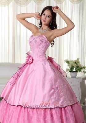 Hand Flowers Rose Pink Taffeta Beading Quinceanera Dress