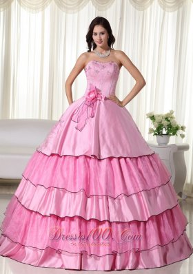 Hand Flowers Rose Pink Taffeta Beading Quinceanera Dress