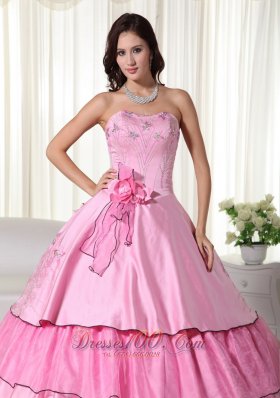 Hand Flowers Rose Pink Taffeta Beading Quinceanera Dress