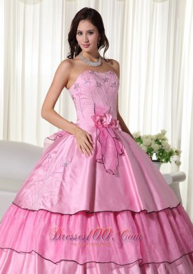 Hand Flowers Rose Pink Taffeta Beading Quinceanera Dress