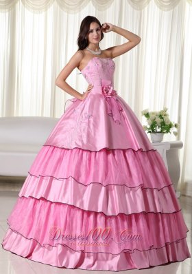 Hand Flowers Rose Pink Taffeta Beading Quinceanera Dress