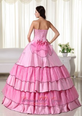 Hand Flowers Rose Pink Taffeta Beading Quinceanera Dress