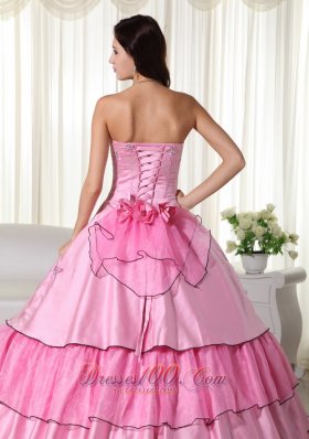 Hand Flowers Rose Pink Taffeta Beading Quinceanera Dress