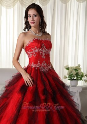 Taffeta Appliques Red Strapless Dresses for A Quince