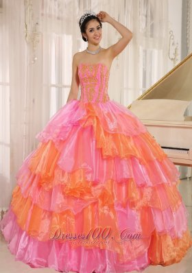Ruffled Layers With Appliques Decorate Pink Dress for 15