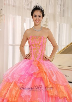 Ruffled Layers With Appliques Decorate Pink Dress for 15