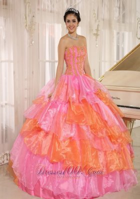 Ruffled Layers With Appliques Decorate Pink Dress for 15