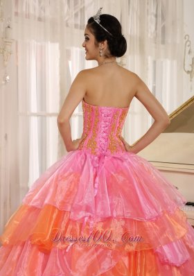 Ruffled Layers With Appliques Decorate Pink Dress for 15