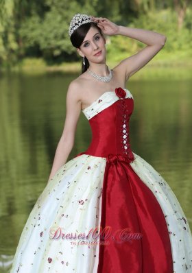 Flower Decorate Strapless Quinceanera Dress Neckline White Satin