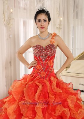 One Shoulder Red Beaded Decorate Ruffles Quinceanera Dress