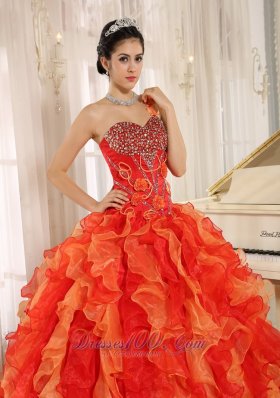 One Shoulder Red Beaded Decorate Ruffles Quinceanera Dress