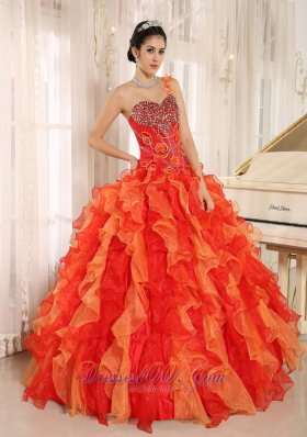 One Shoulder Red Beaded Decorate Ruffles Quinceanera Dress