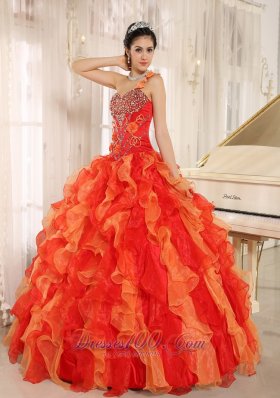 One Shoulder Red Beaded Decorate Ruffles Quinceanera Dress