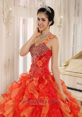 One Shoulder Red Beaded Decorate Ruffles Quinceanera Dress