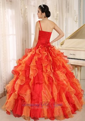 One Shoulder Red Beaded Decorate Ruffles Quinceanera Dress