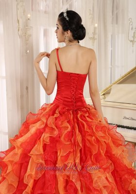 One Shoulder Red Beaded Decorate Ruffles Quinceanera Dress