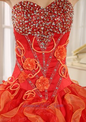 One Shoulder Red Beaded Decorate Ruffles Quinceanera Dress