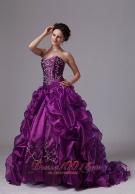 Embroidery and Pick-ups Eggplant Purple Sweep Train Dress for 15