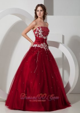 Wine Red Quinceanera Dress Strapless Satin and Tulle