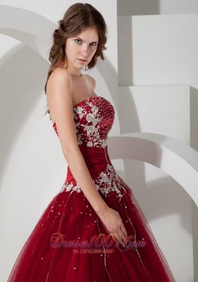 Wine Red Quinceanera Dress Strapless Satin and Tulle