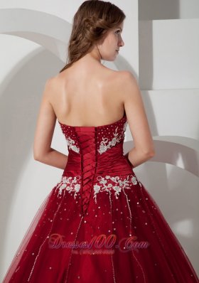 Wine Red Quinceanera Dress Strapless Satin and Tulle