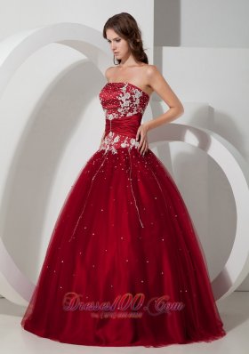 Wine Red Quinceanera Dress Strapless Satin and Tulle