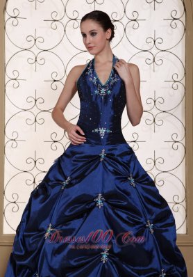 Halter Top Navy Blue Quinceanera Dress Embroidery With Beading