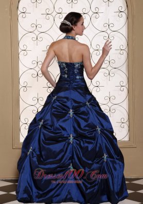 Halter Top Navy Blue Quinceanera Dress Embroidery With Beading