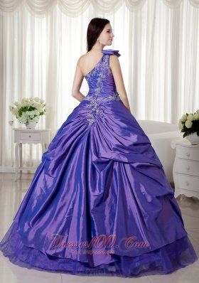 Taffeta Purple One Shoulder Appliques Quince Dresses