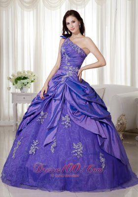 Taffeta Purple One Shoulder Appliques Quince Dresses