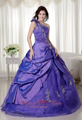 Taffeta Purple One Shoulder Appliques Quince Dresses