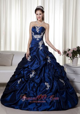 Appliques Navy Blue Ball Gown Taffeta Quinceanera Gown