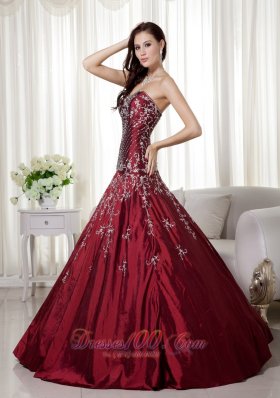 Taffeta Wine Red Beading and Embroidery Quinceanera Gowns