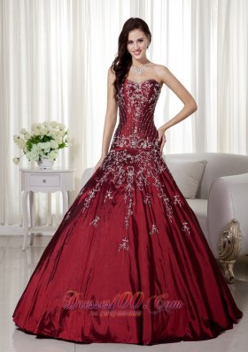 Taffeta Wine Red Beading and Embroidery Quinceanera Gowns