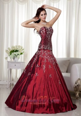 Taffeta Wine Red Beading and Embroidery Quinceanera Gowns