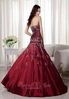 Taffeta Wine Red Beading and Embroidery Quinceanera Gowns