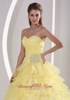 Light Yellow Ruffles Quinceaners Gowns Appliques and Ruch Organza